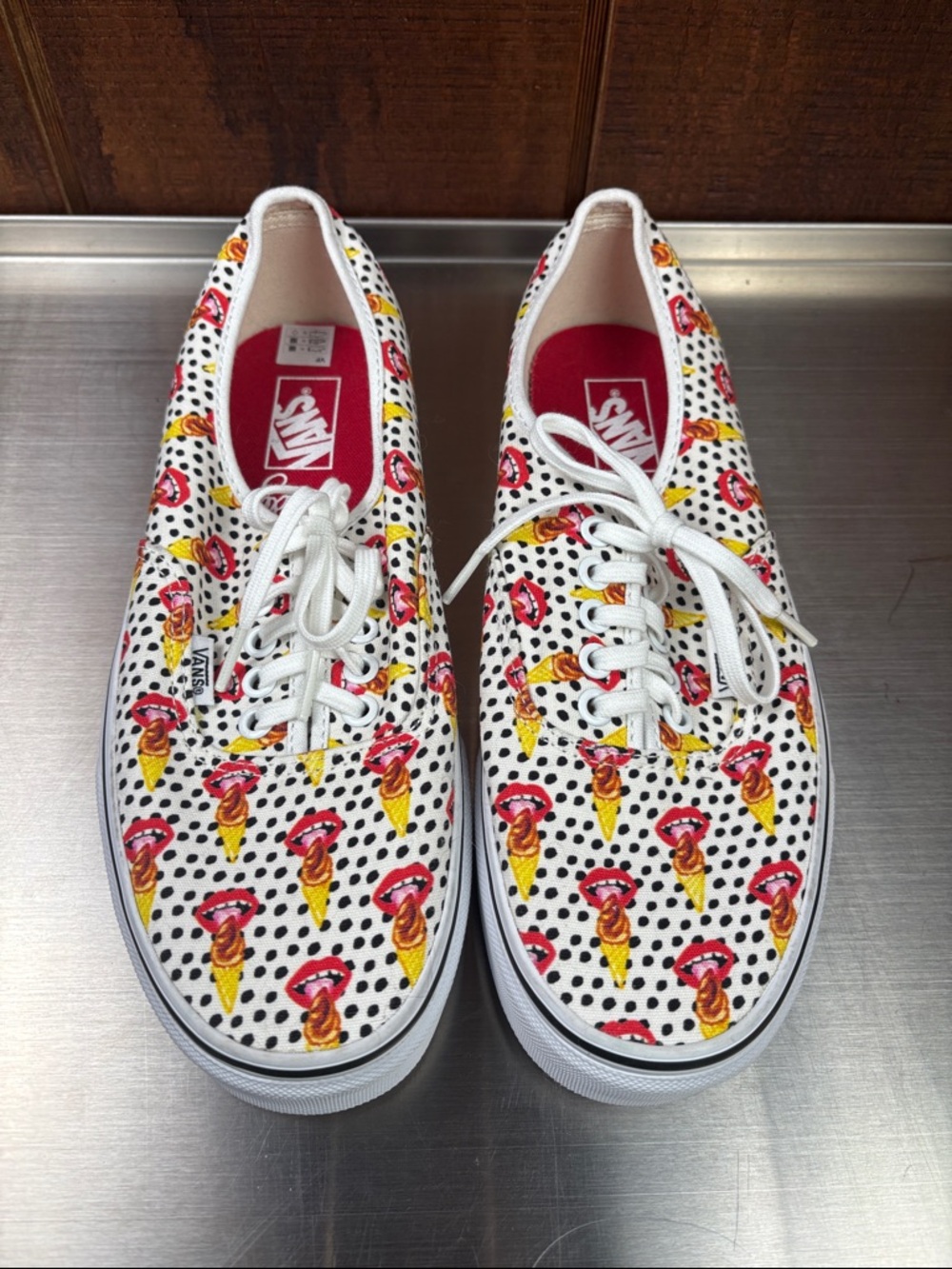 Vans - Kendra Dandy White Canvas Sneakers with Red Lips & Yellow Ice Cream Print